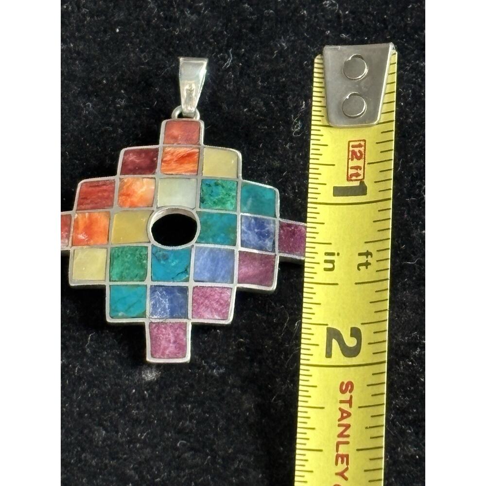 Peruvian Chakana Cross 950 Fine Silver Rainbow Stone Inlay Andean Pendant - Picture 4 of 6